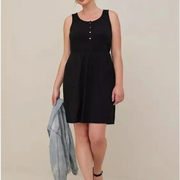 Torrid Mini Jersey Bodycon Dress Black 3 Plus Size 3X Pockets Sleeveless Snaps - Picture 1 of 13